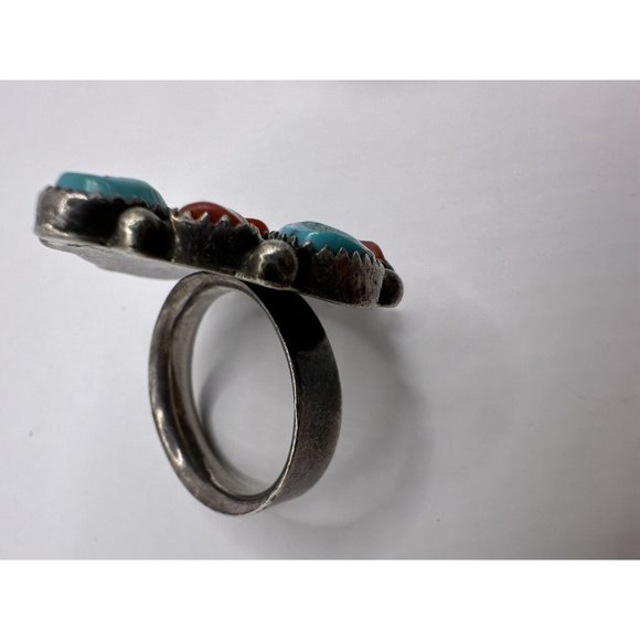 VINTAGE NATIVE AMERICAN RUNNING BEAR TURQUOISE & CORAL SIGNED RING SZ 9 - Picture 3 of 7